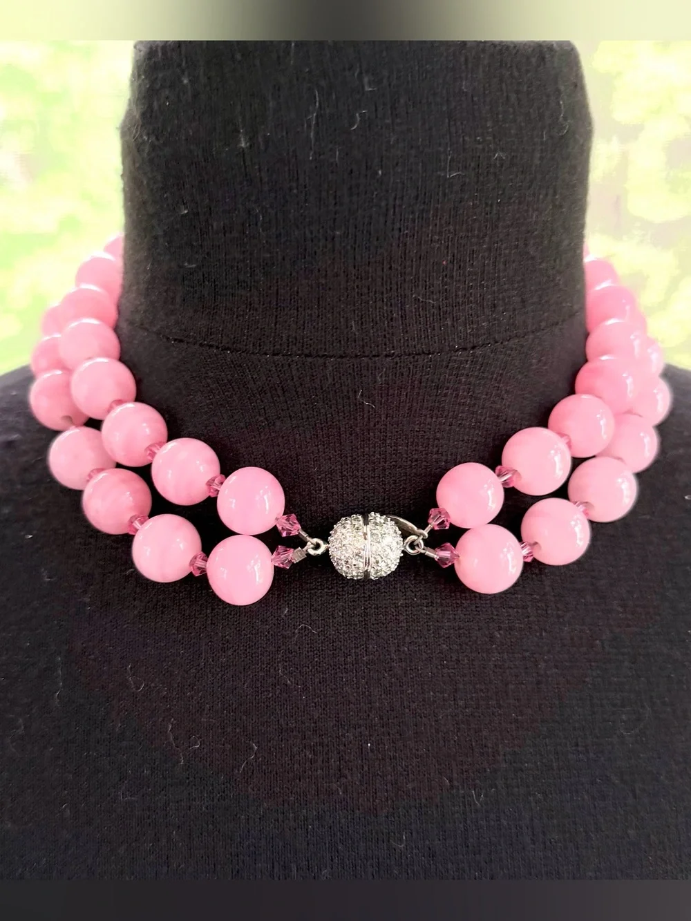 KEP Designs Double Strand Pink Beads Choker Necklace Rhinestone Screw Clasp